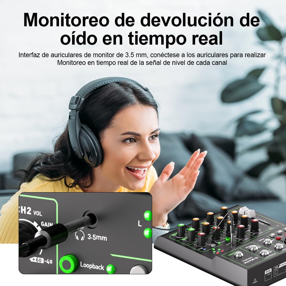 G-MARK Portátil Mezcladora de Audio de 4 Canales, USB OTG Interfaz Bluetooth Estéreo Phantom Power de 48 V Consola De Sonido para DJ, Estudio, Teléfono Móvil, Tableta (G40MINI 4 Canales)