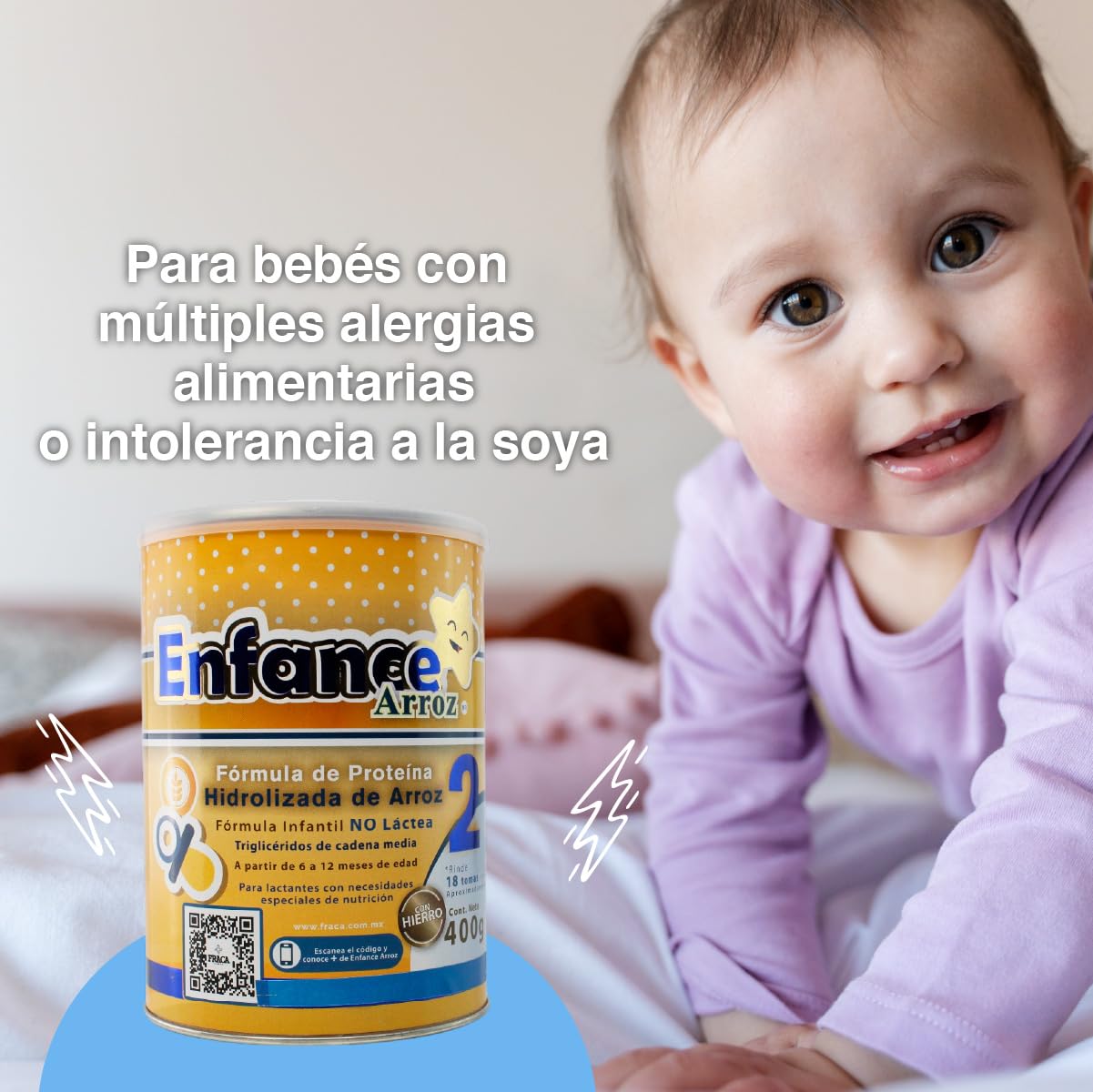 Fraca | Enface Arroz 2 | Fórmula infantil de proteína procesada de arroz | Libre de lactosa | Enriquecida con hierro |Desde 6 a 12 meses | Pack 3 latas 400g c/u