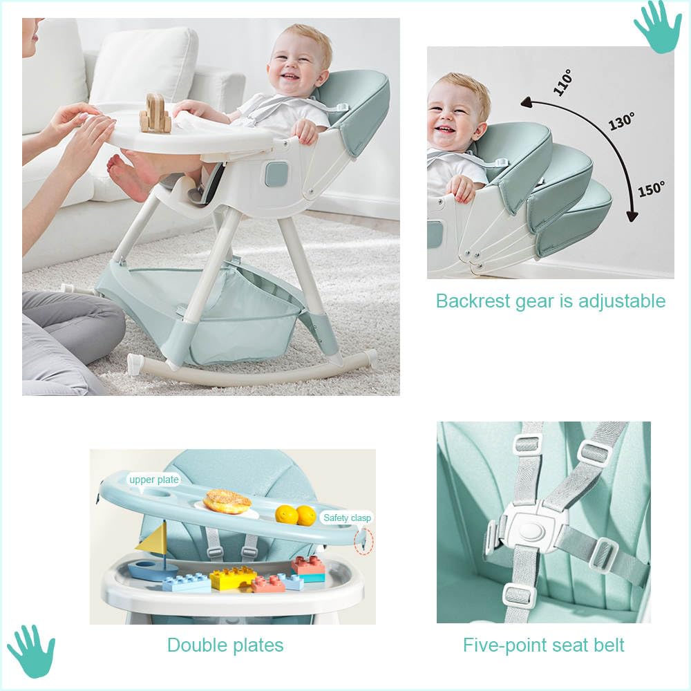 Silla alta para bebe, silla periquera para comer silla para bebe 6 en 1 con babero vaso entrenador y plato de comida, facil de armar, plegable multifuncion (Verde)