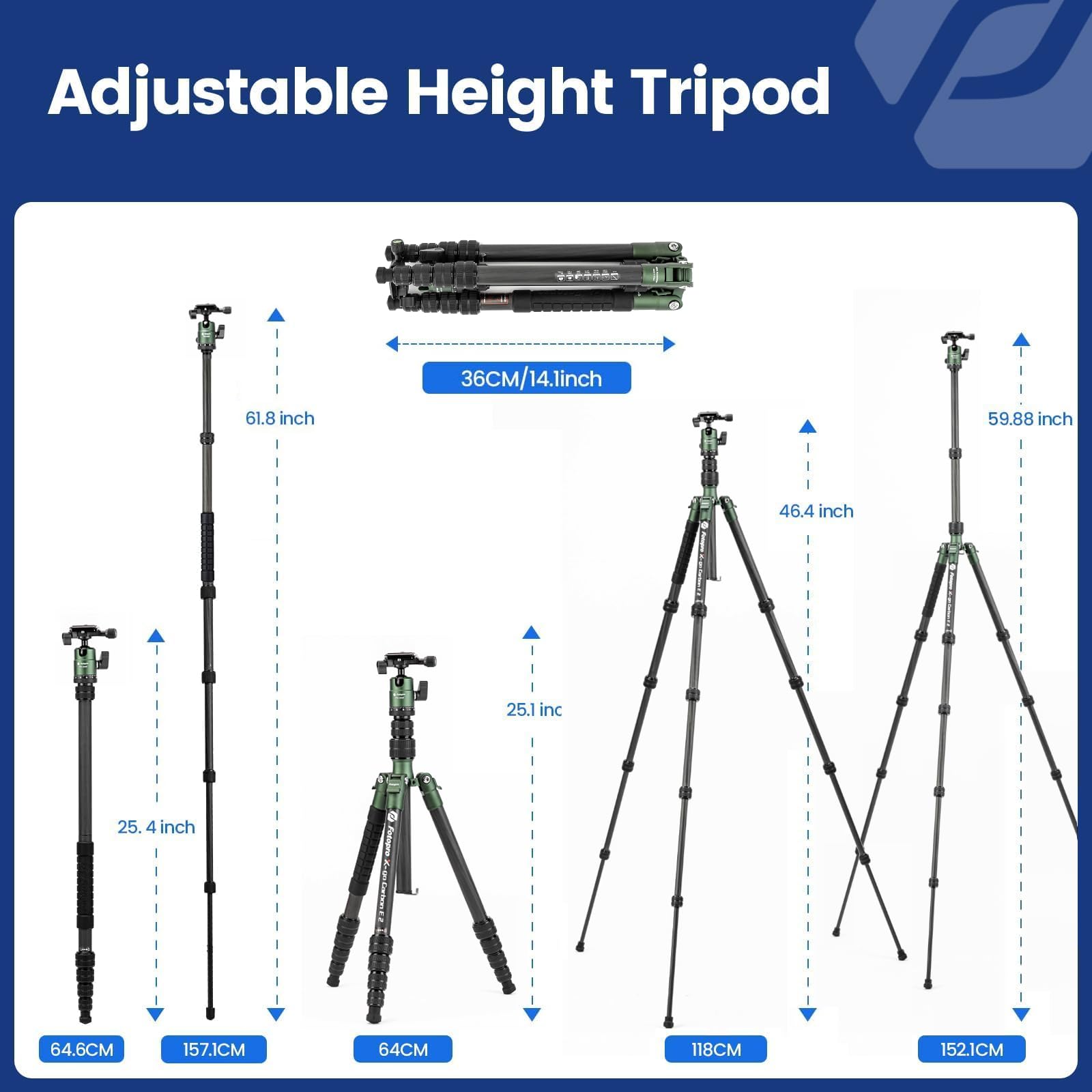 Fotopro - Trípode de viaje de fibra de carbono de 59 pulgadas, trípode de cámara compacto con cabeza de bola de metal, monopie desmontable con placa de liberación rápida y bolsa, carga hasta 8 kg