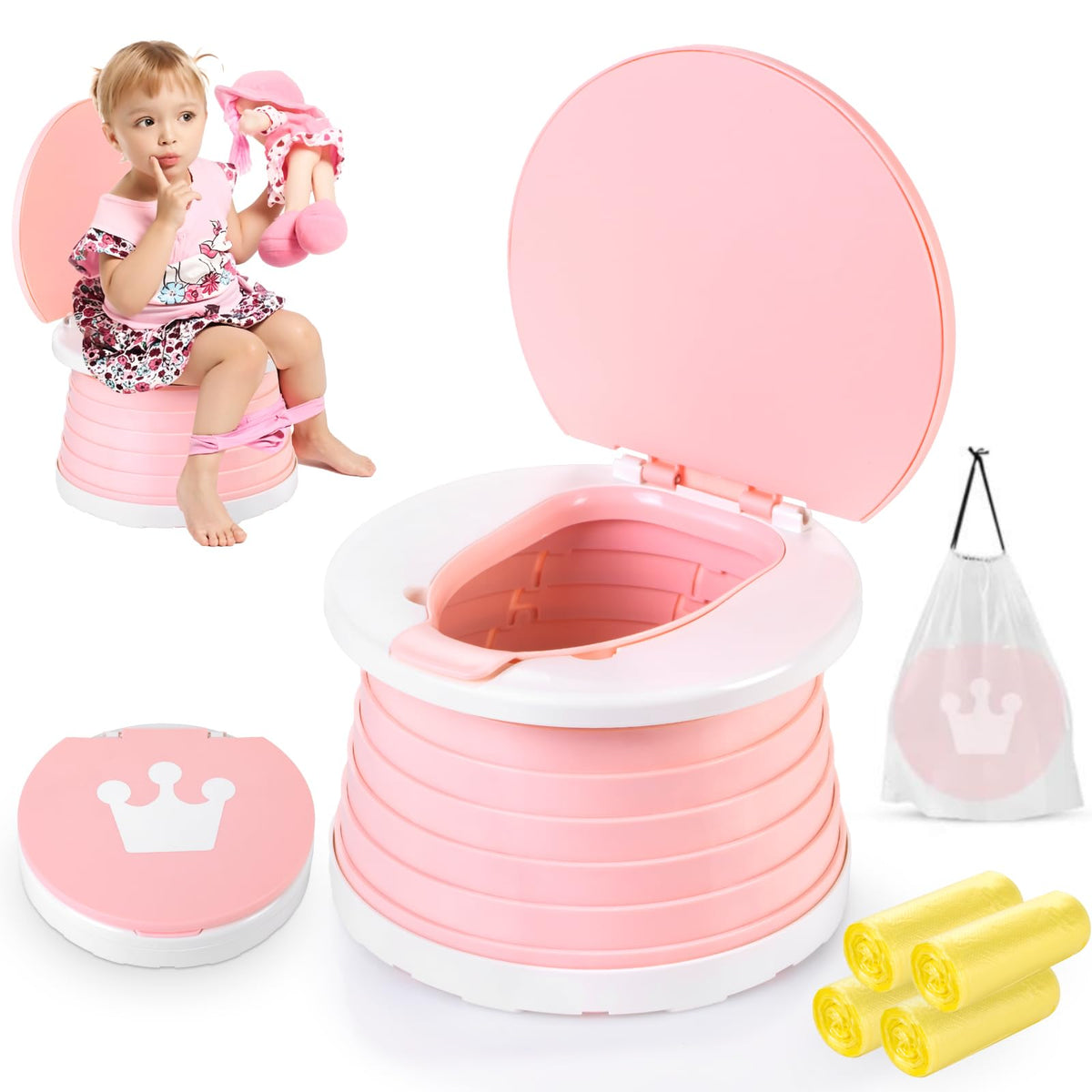Orinal de Viaje Portatil para Ninos, Asiento Entrenador Bano para Ninos, orinal Plegable para Ninas con 60 Bolsa deAlmacenamiento, Portatil comoda de Emergencia para Viajes, Camping, InterioryExterior