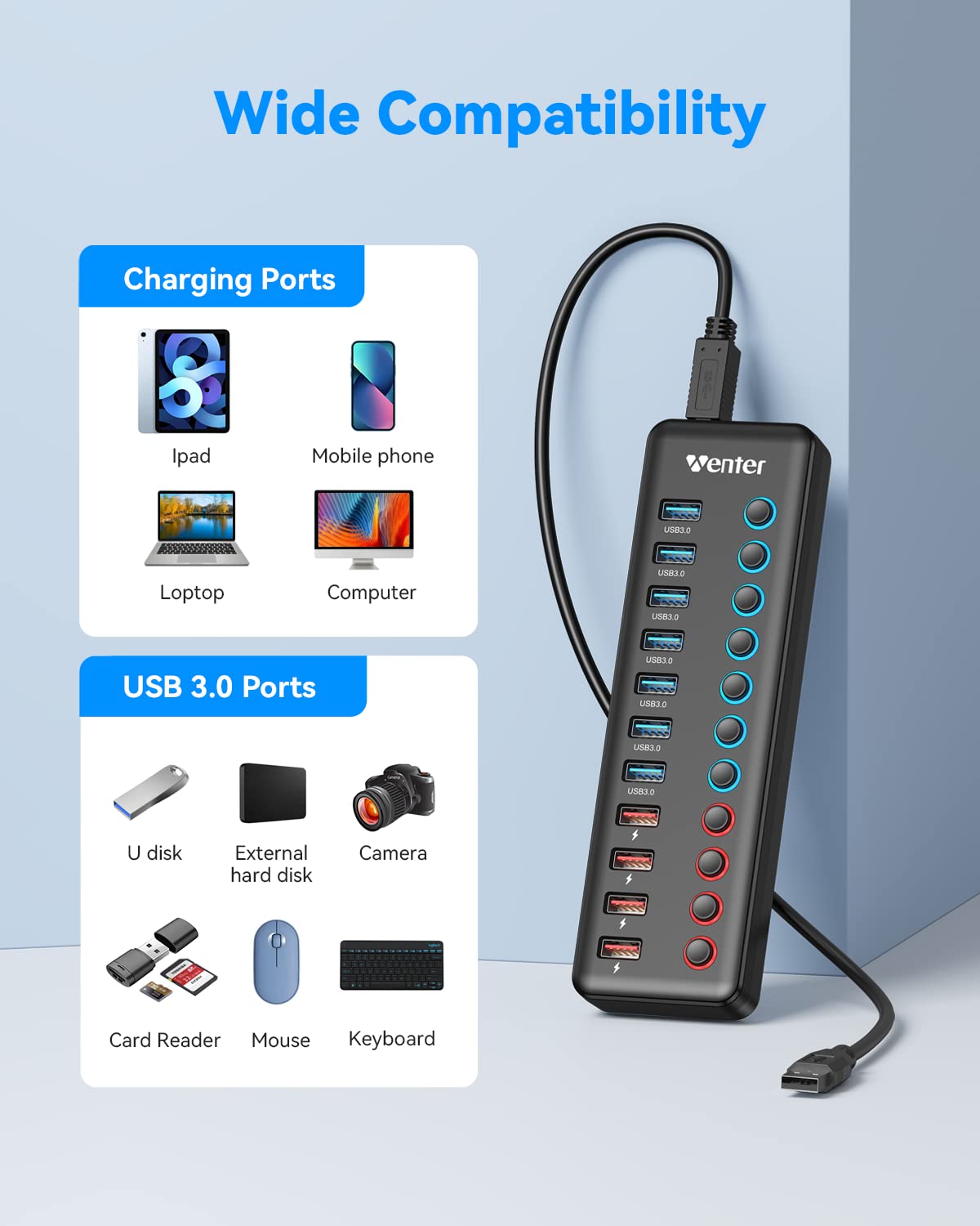Hub USB 3.0 Wenter 11 Puertos con Alimentación Inteligente para Mac, Windows, Chrome y Linux