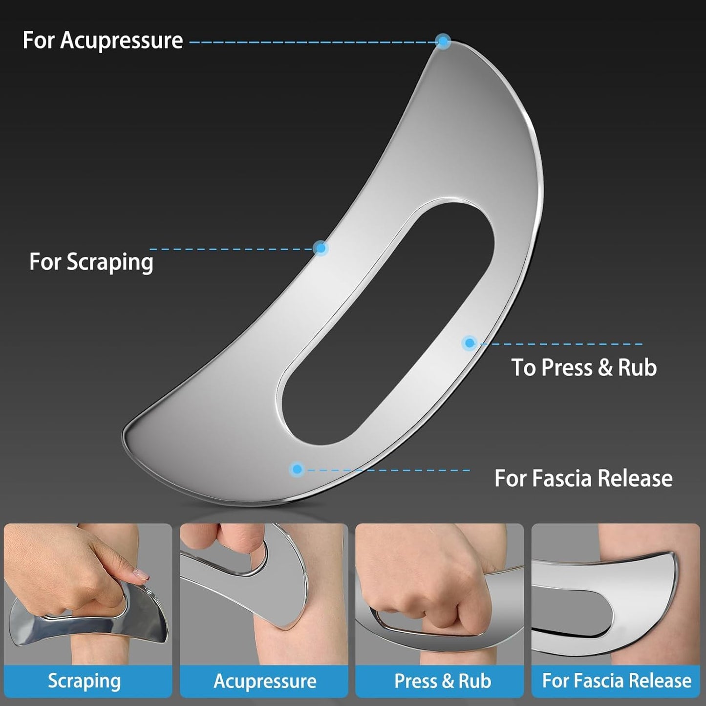 Herramienta de masaje Gua Sha de acero inoxidable con asa, raspador muscular corporal para espalda, cuello, cara y pierna, herramienta de raspado de fascia más grande para alivio de tejidos profundos