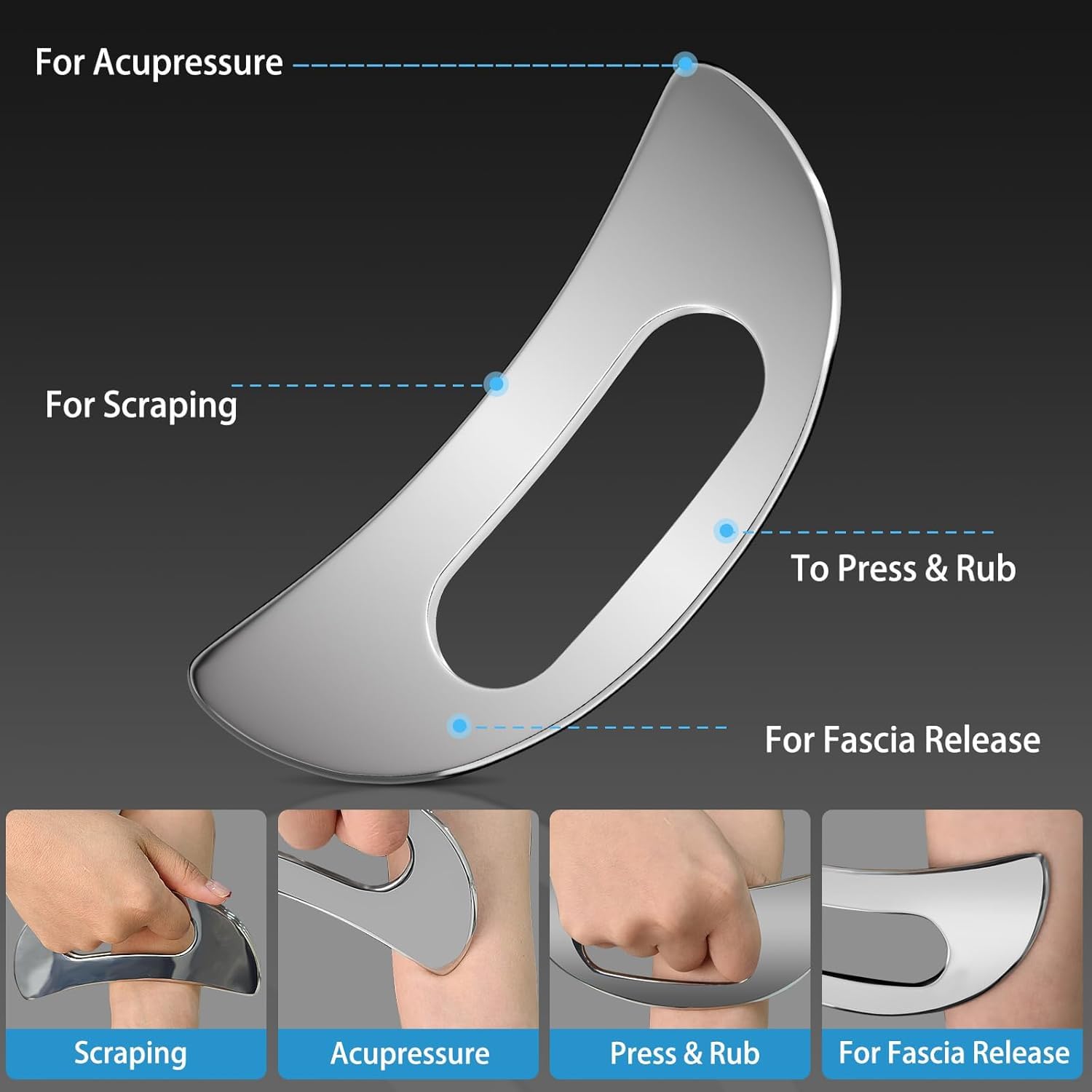 Herramienta de masaje Gua Sha de acero inoxidable con asa, raspador muscular corporal para espalda, cuello, cara y pierna, herramienta de raspado de fascia más grande para alivio de tejidos profundos