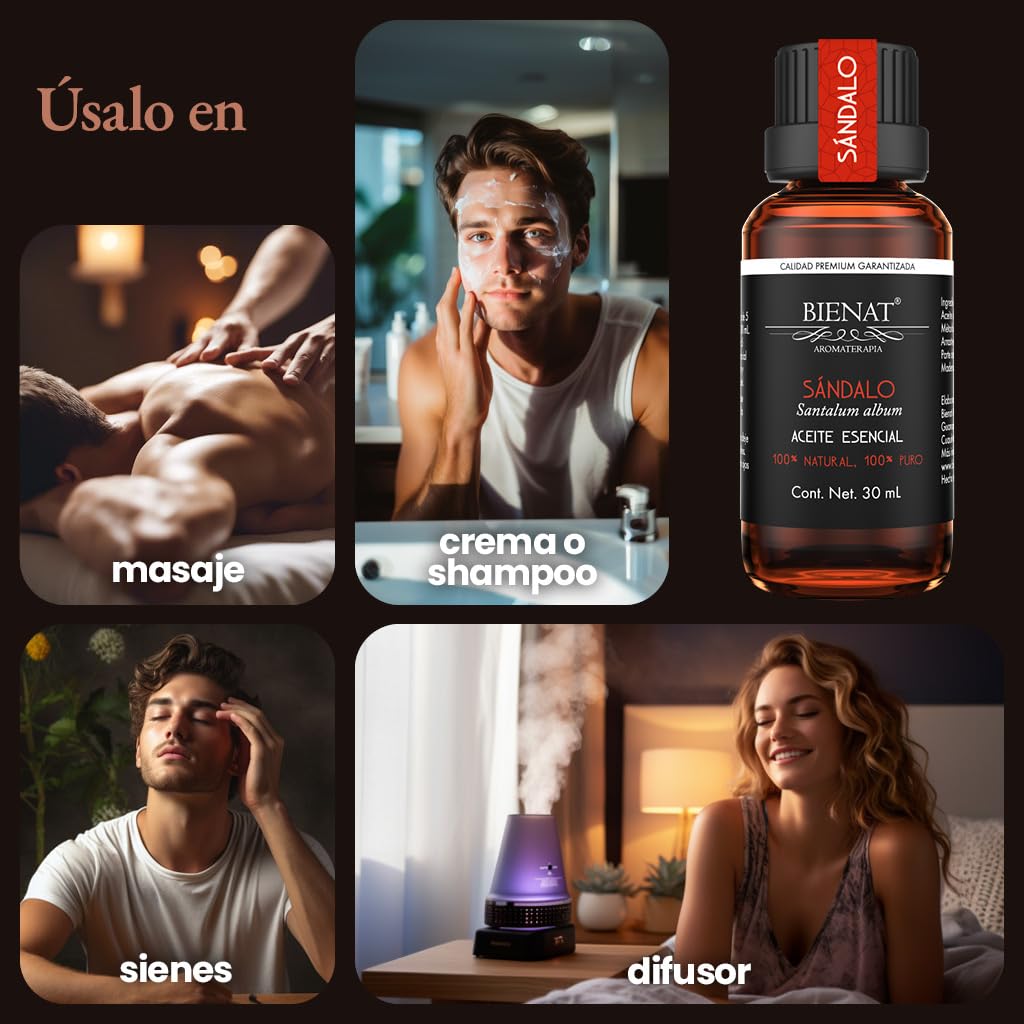 BIENAT AROMATERAPIA Aceite Esencial de Sándalo 30mL | 100% Puro y Concentrado | Ideal para Difusor de Aromas, Humidificador, Aromaterapia, Masajes, Meditación, Jabones y Velas | Esencia Natural en Gotas