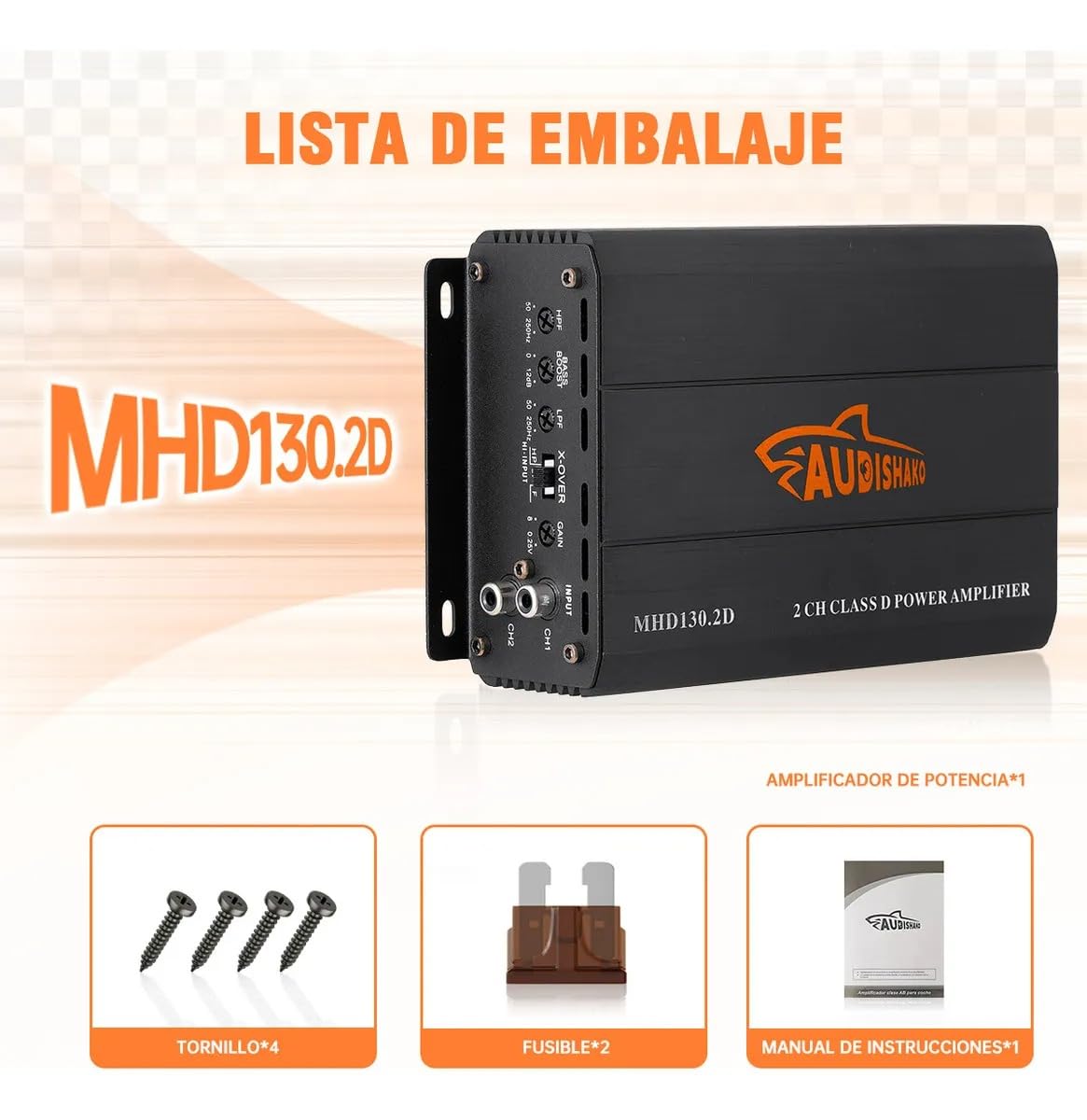 AUDISHAKO 800W Amplificador de Audio para Coche de 4 Canales,Amplificador para Auto de Clase D, 2 Ohm 260W x 2 Canales, Coches Deportivos y Otros Sistemas de Audio