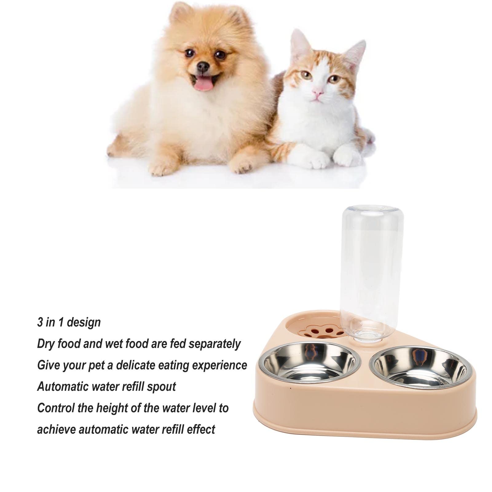 Cuencos Dobles para Perros y Gatos, Juego de Cuencos para Comida Con Botella de Agua para Mascotas, Cuencos Triples para Evitar Derrames con Botella de Agua Automática para Perros y Gatos(Rosa)