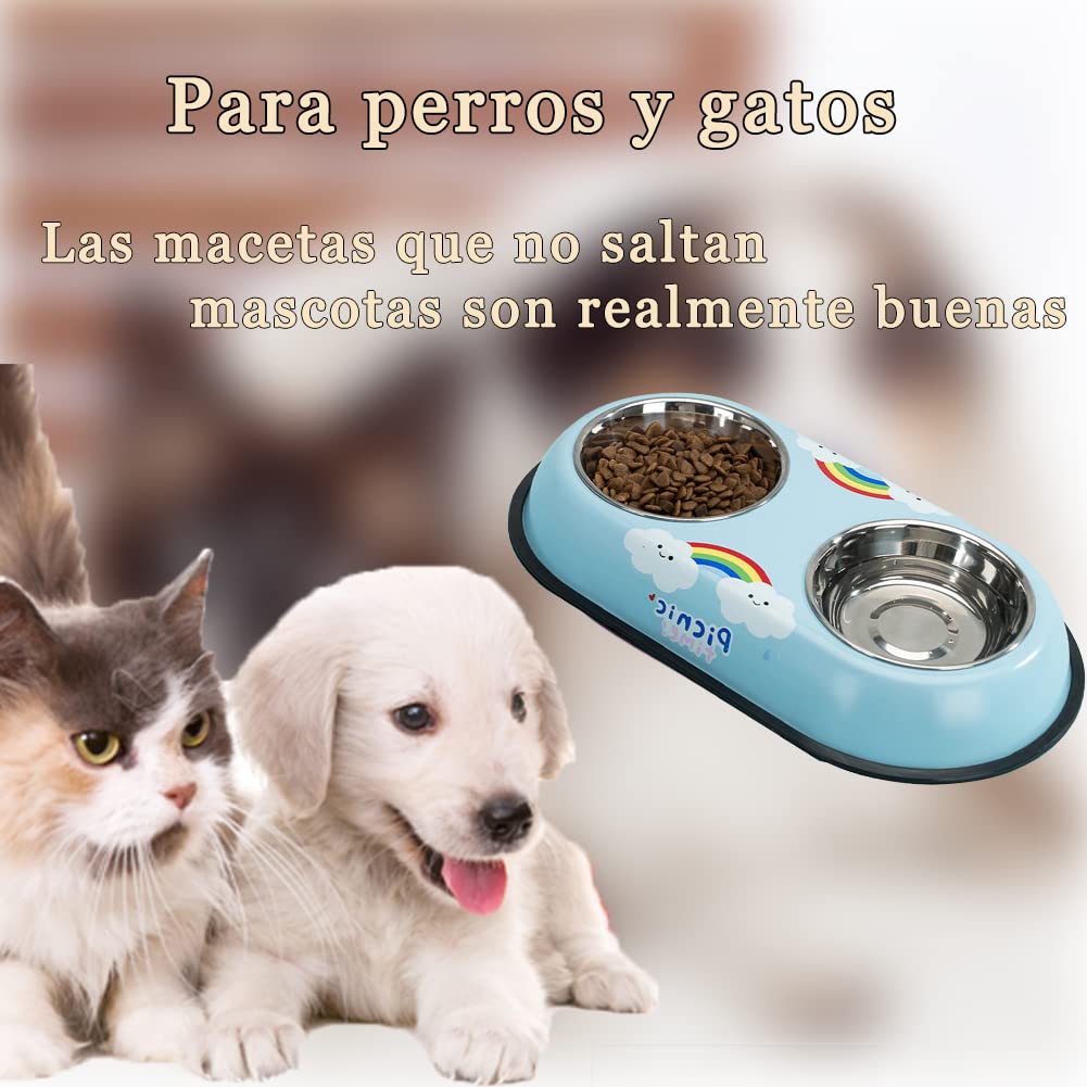 Platos REKOBON Azul de Acero Inoxidable Antideslizantes con Dibujos Animados para Mascotas Pequeñas y Medianas