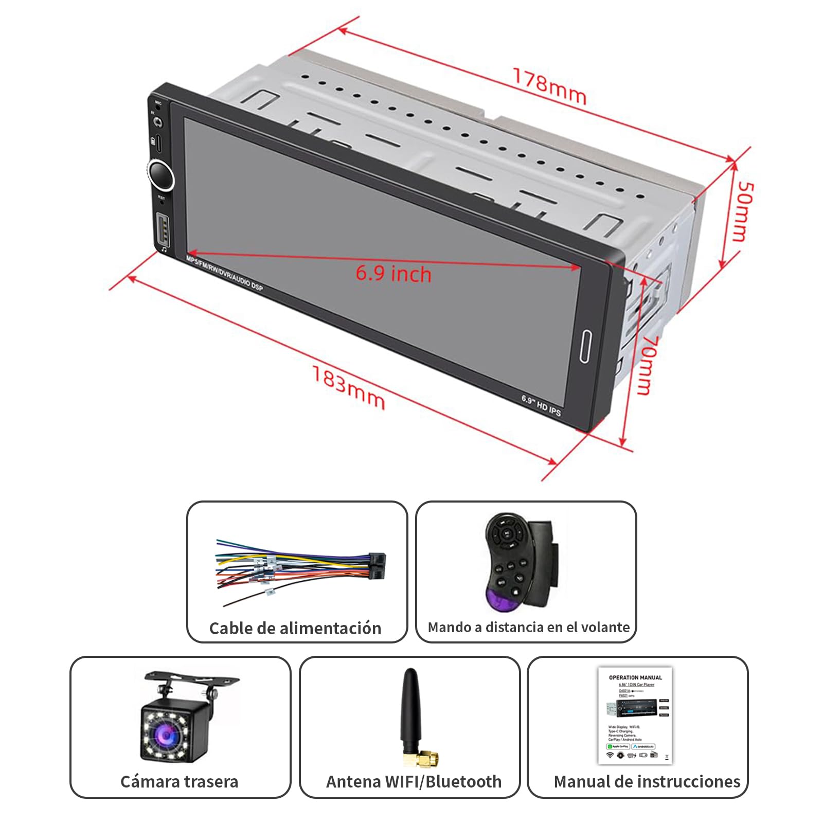 FINYQBET 1 DIN Auto Estéreo Radio de Coche Compatible con Apple CarPlay Android Auto USB Tipo C, visualización táctil de 6.9 Pulgadas, Enlace de Espejo, cámara de Respaldo Bluetooth DSP