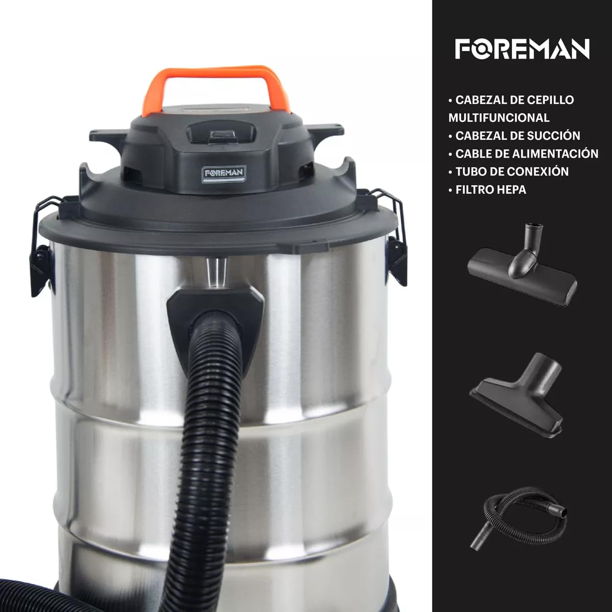 Foreman Aspiradora De Mano Industrial Capacidad 35L Sólidos y Líquidos Aspiradora | 2200W | Seco y Húmedo y Accesorios | Acero Inoxidable