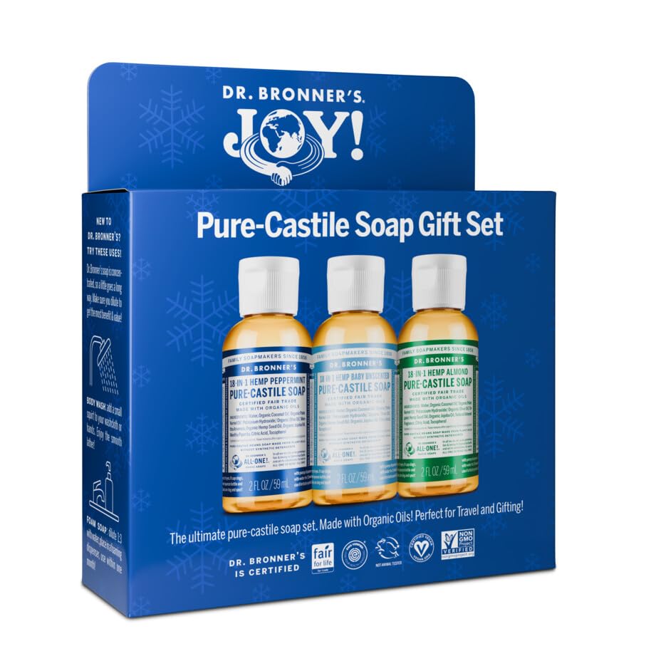 Dr. Bronner's | Set de regalo de jabones de castilla concentrados y versátiles en travel size; 3 aromas: Menta, Almendra y Sin Aroma