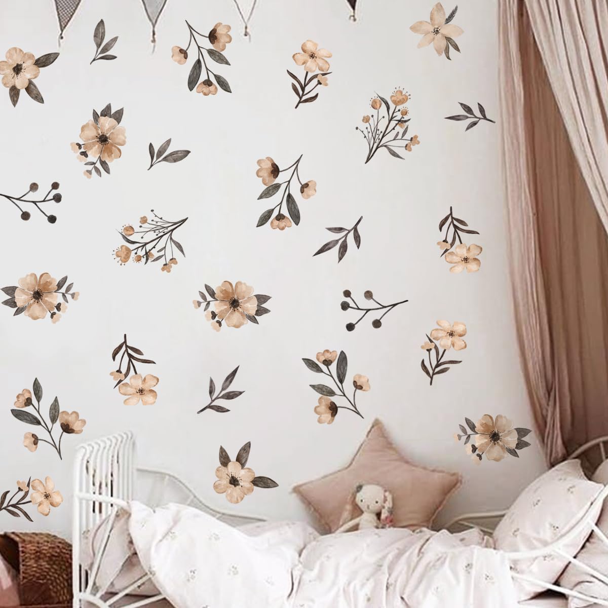 Calcomanías de pared de flores bohemias – Arte de pared de flores silvestres en acuarela, decoración de habitación para niñas y niños