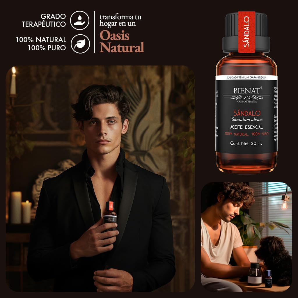 BIENAT AROMATERAPIA Aceite Esencial de Sándalo 30mL | 100% Puro y Concentrado | Ideal para Difusor de Aromas, Humidificador, Aromaterapia, Masajes, Meditación, Jabones y Velas | Esencia Natural en Gotas