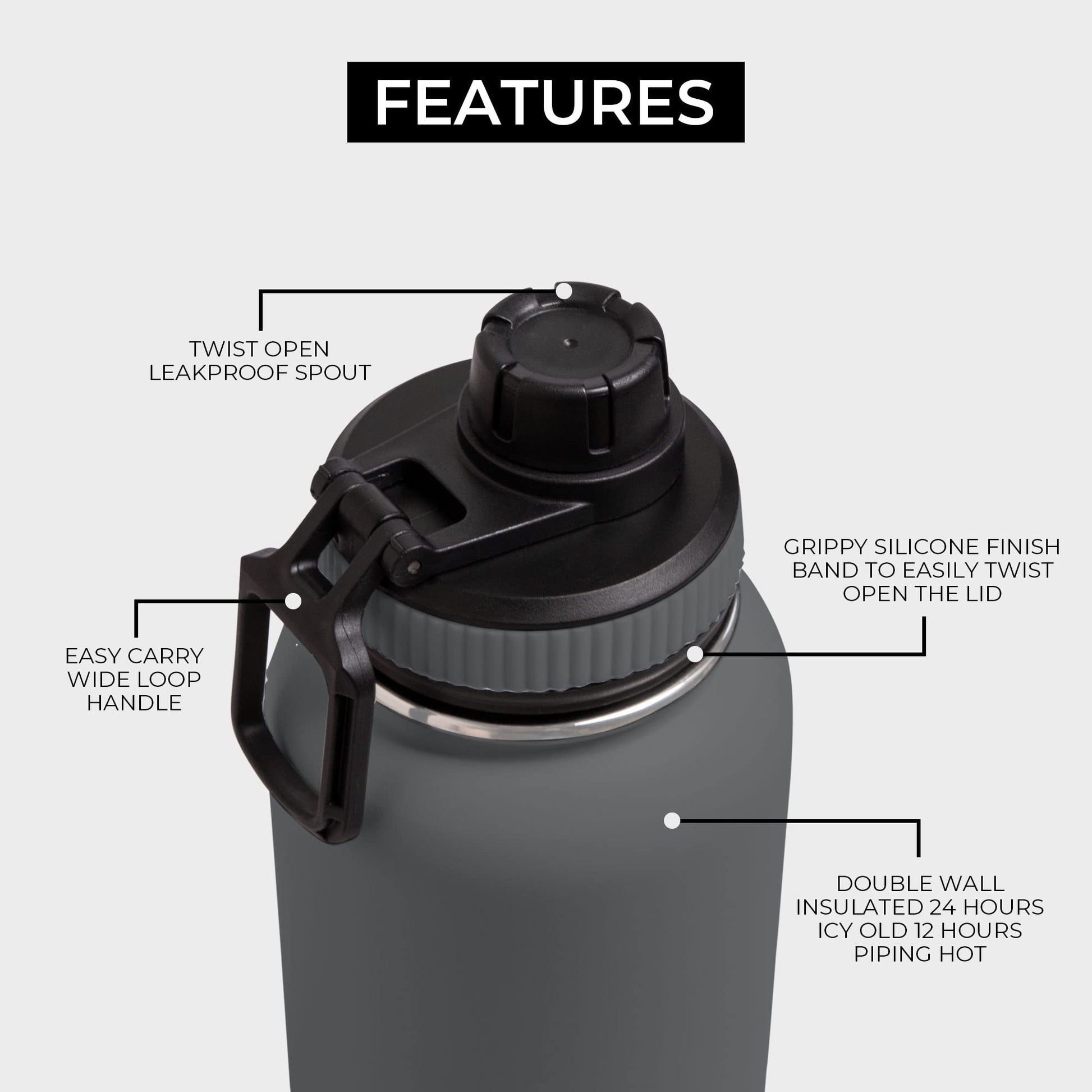BOZ - Botella de agua de acero inoxidable XL (1 L / 32 onzas) de boca ancha, sin BPA, doble pared aislada al aspiradora (gris)(BOZ_SSXL)