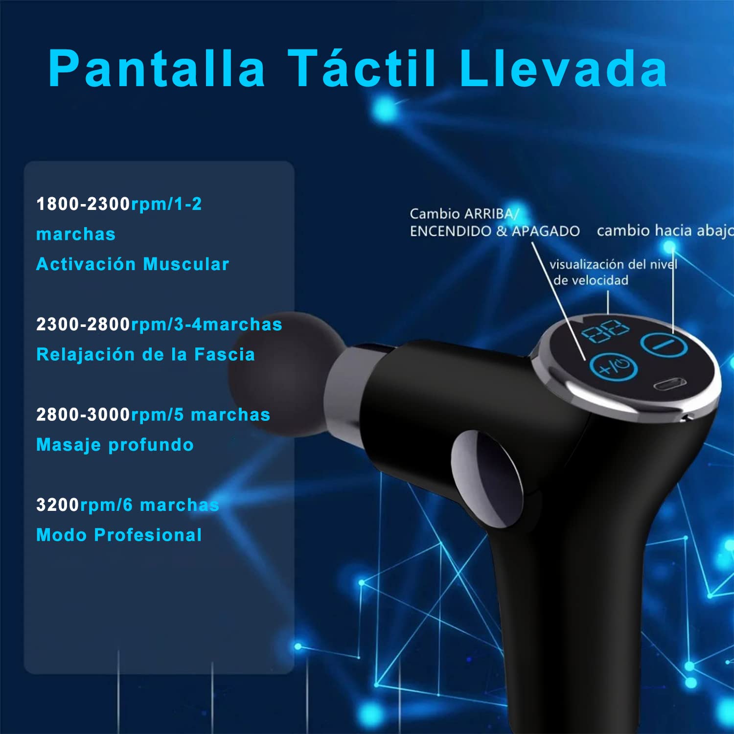 Pistola de Masaje, 8 Cabezales de Pistola Masaje Muscular, 32 Niveles Ajustables, Ultra Silenciosos y Pantalla Táctil LCD Pistola Masajeadora para aliviar el dolor y la rigidez de los músculos