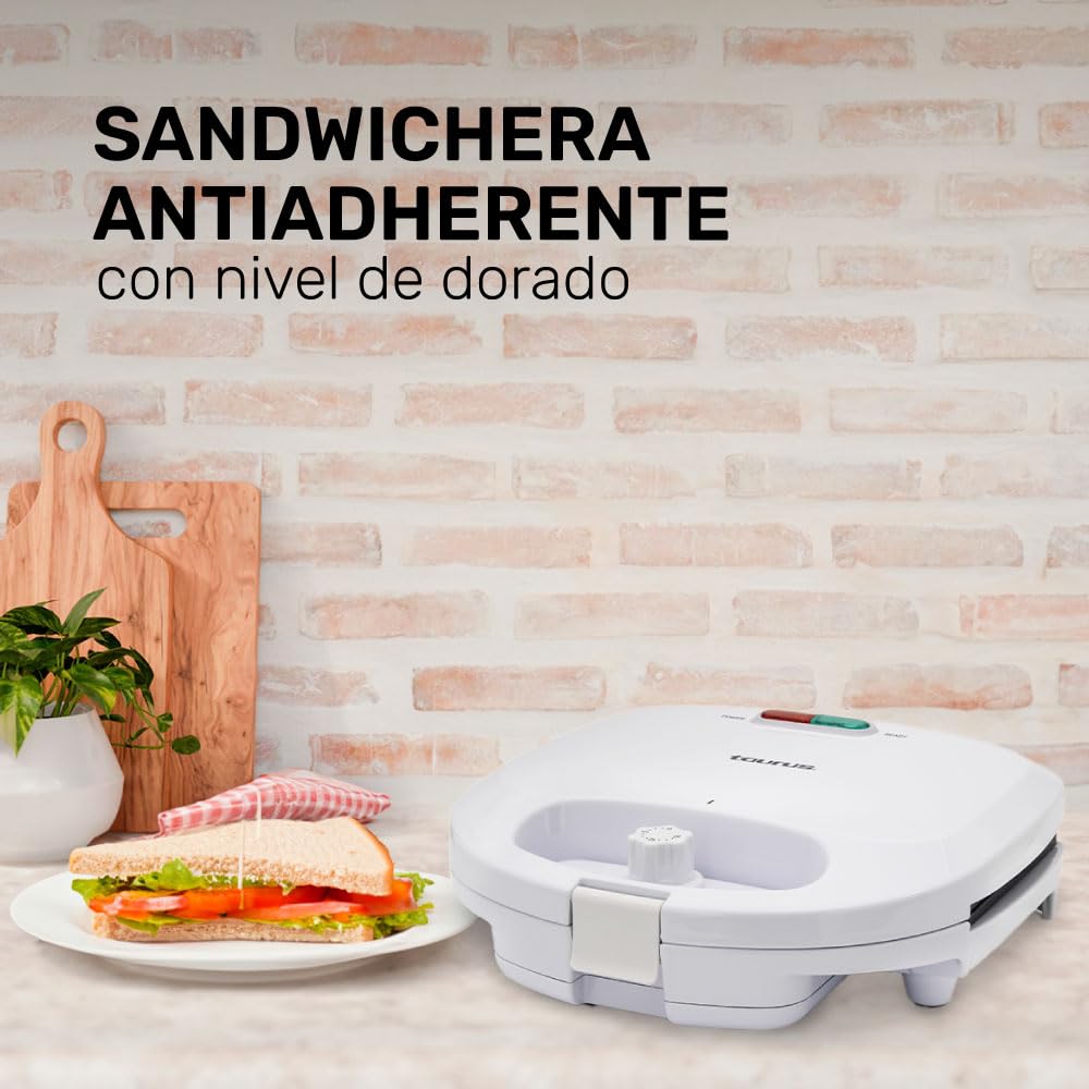 Sandwichera Taurus Beige Antiadherente Compacta con Almacenaje Vertical y Luz Indicadora