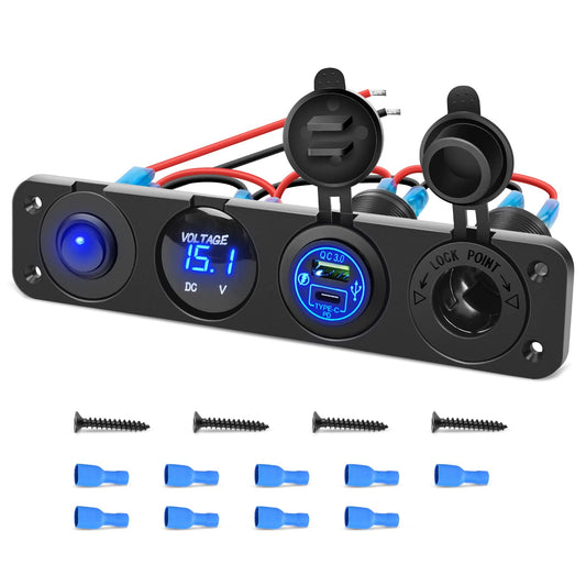 Panel de Toma de Corriente USB QC 3.0 y Tipo C Nilight con Voltímetro LED e Interruptor de Palanca para Coche, Camión y Barco