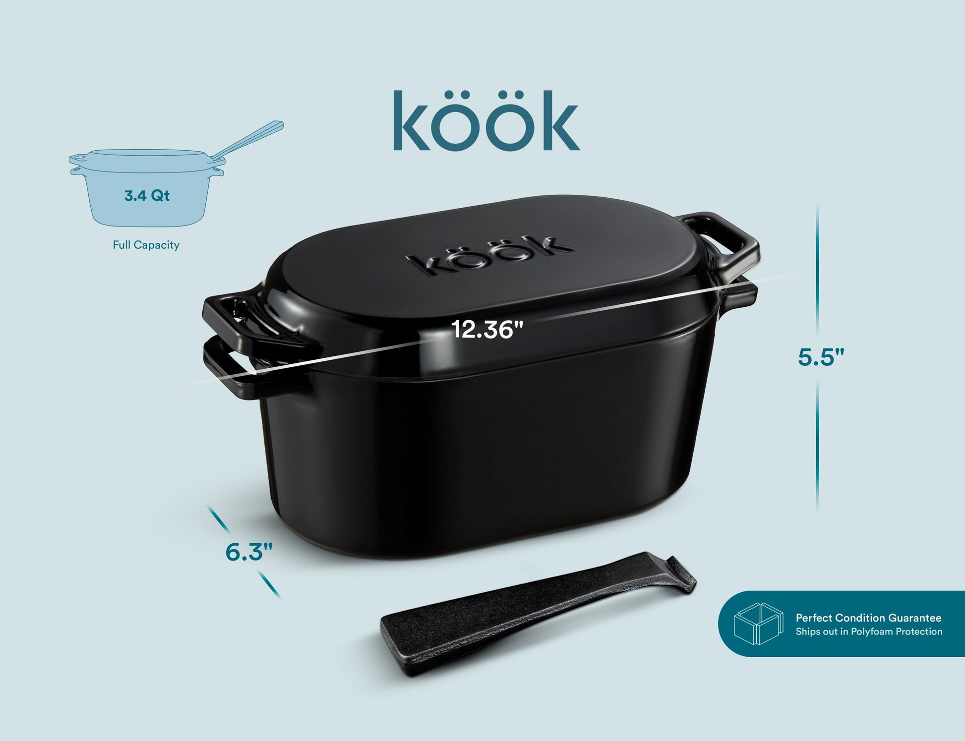 KooK - Horno holandés, para hornear pan, sartén de masa madre, con tapa, asas duales, hierro fundido esmaltado, incluye palanca de tapa, apto para lavaplatos, 3.4 cuartos de galón, negro