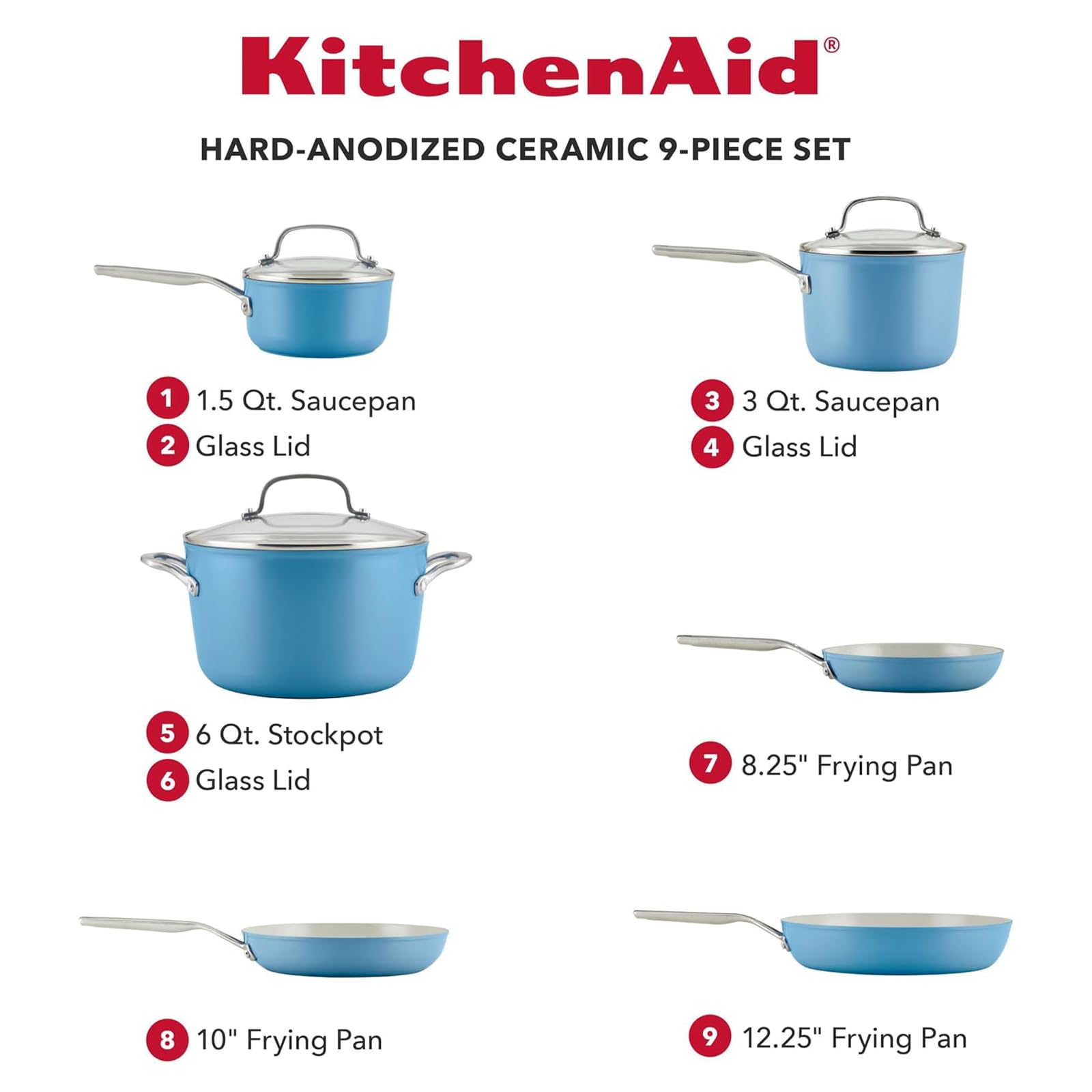 KitchenAid - Juego de utensilios de cocina antiadherentes de cerámica anodizada dura de 9 piezas, incluye sartenes, cacerola, olla de almacenamiento, calefacción duradera, uniforme, apta para horno
