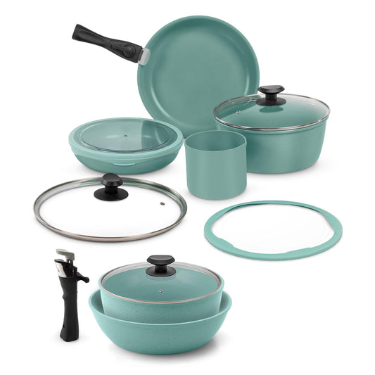 JADECOOK Batería de Cocina Jade Smart 14 piezas mango desmontable con 6 Capas de Recubrimiento Antiadherente Libre de Toxicos