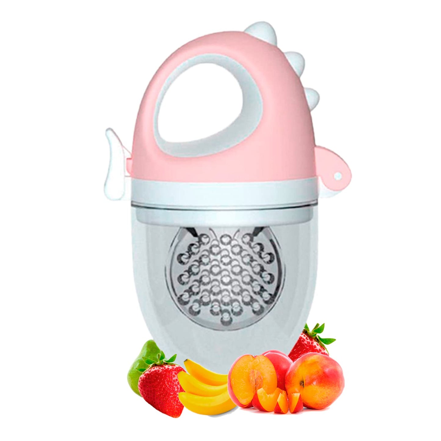 Chupón De Frutas y Papillas + Guante Mordedera, Membrana Sonora, Relieve Estimulante para Bebé, Libre BPA, 3m+ (Chupón Dino Rosa + Guante Rosa)
