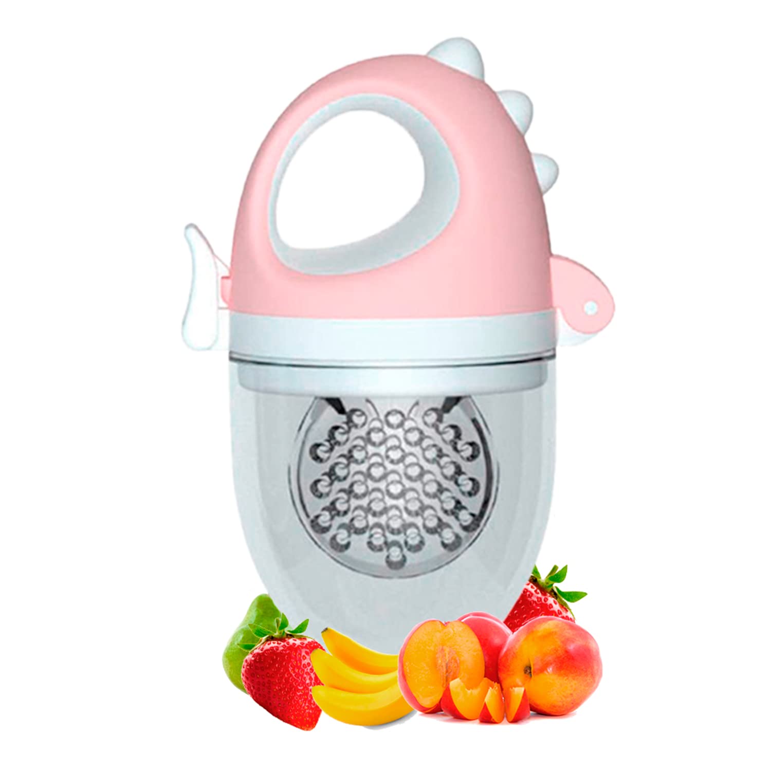 Chupón De Frutas y Papillas + Guante Mordedera, Membrana Sonora, Relieve Estimulante para Bebé, Libre BPA, 3m+ (Chupón Dino Rosa + Guante Rosa)