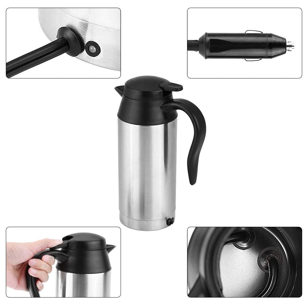 Hervidor Eléctrico de Acero Inoxidable para Coche Portátil con Termómetro 12 V 750 ML para Viaje