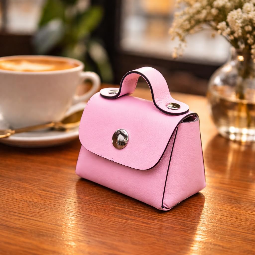Ayaz Deri Mini estuche de piel auténtica – Compatible con AirPods – Monedero y compartimento para accesorios – Monedero artesanal ideal para regalar (Rosa)