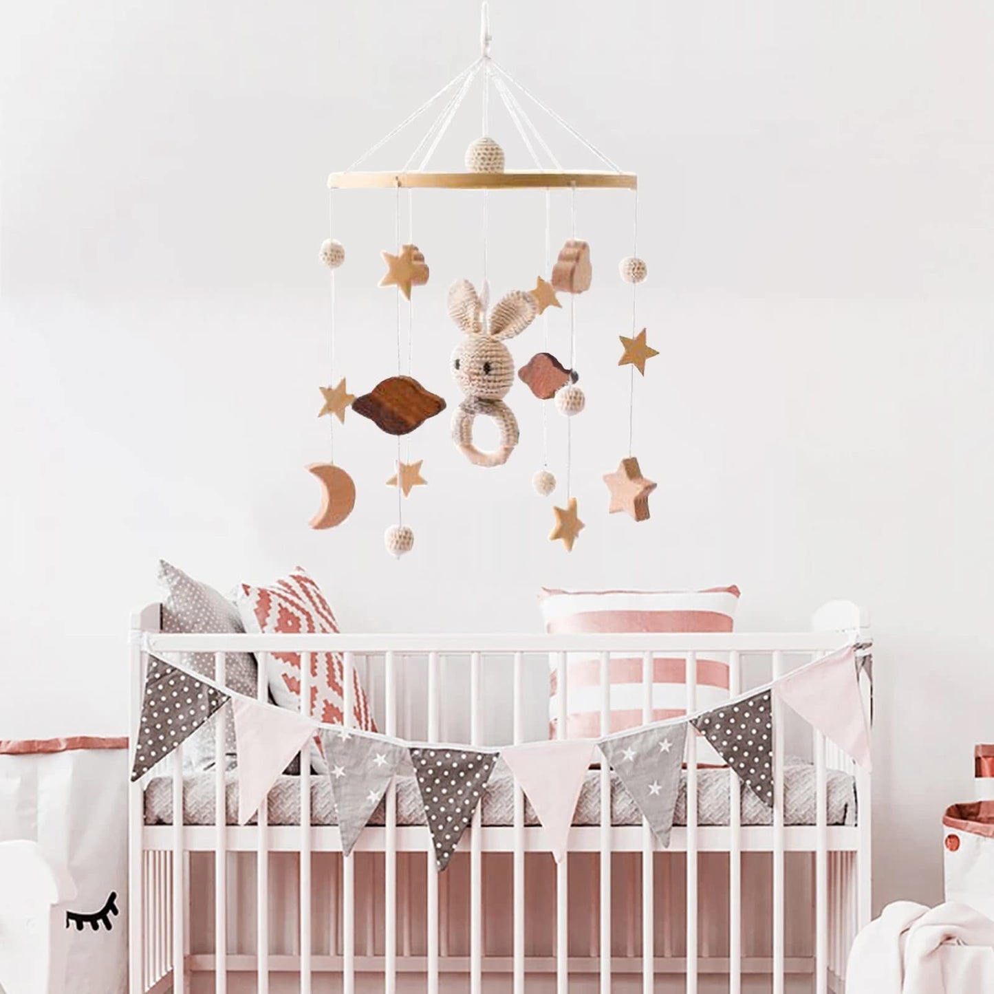 Móvil para bebé, cuna móvil para niños y niñas, nubes 3D, conejo, animales, móvil para cuna, campanillas de viento, habitación de niños, decoración de guardería (B)