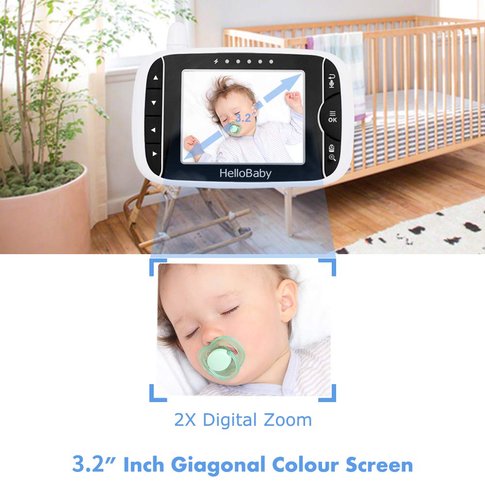 HelloBaby Video Baby Monitor with Remote Camera Pan-Tilt-Zoom, 8.1cm Colour LCD Screen, Infrared Night Vision, Temperature Display, Lullaby, Two Way Audio, with Wall Mount Kit