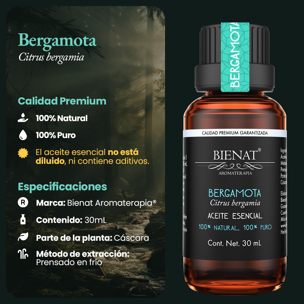 BIENAT AROMATERAPIA Aceite Esencial de Bergamota 30mL | 100% Puro y Concentrado | Ideal para Difusor de Aromas, Humidificador, Aromaterapia, Masajes, Meditación, Jabones y Velas | Esencia Natural en Gotas