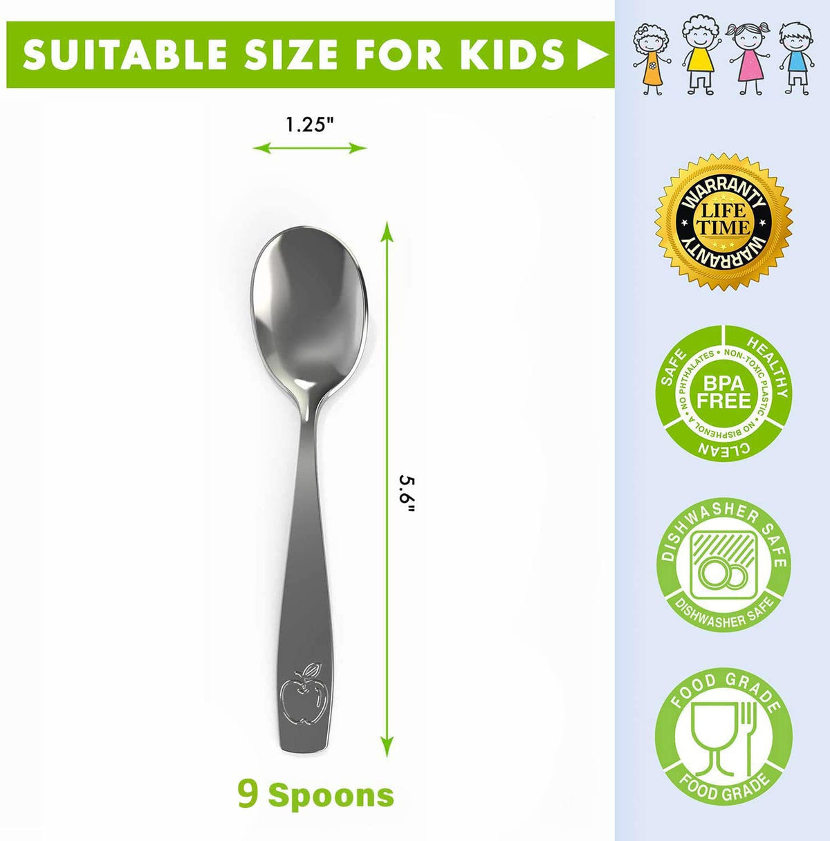 9 cucharas de acero inoxidable para niños, cubiertos seguros para niños y niños, juego de utensilios para niños, juego de cubiertos de metal para niños, juego de cucharas de cena, cucharas pequeñas para postre, incluye un total de 9 cucharas pequeñas para