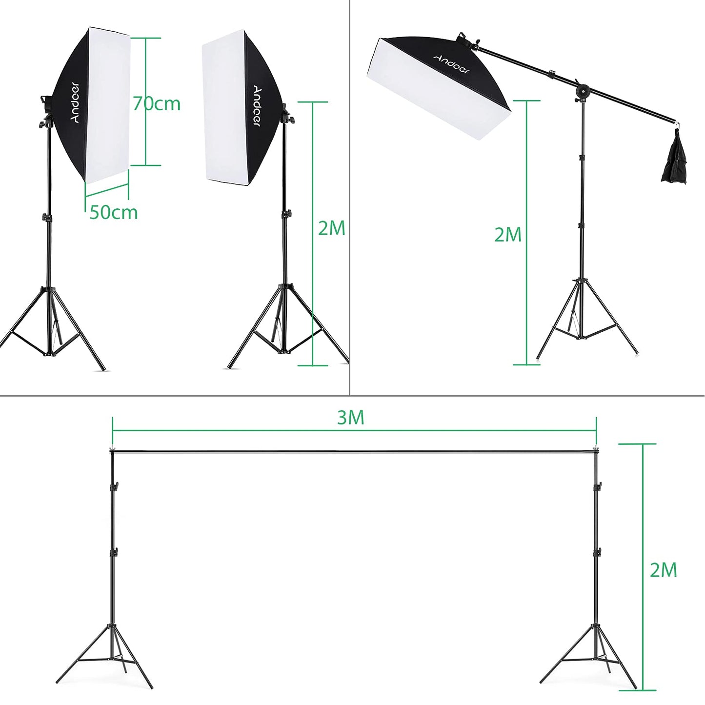 Photography Kit 1.8 * 2.7m Camara para Grabar Videos de Verde Blanco Negro 3pcs en Forma de Pez 1pc 60cm 5in1 Reflector de Fotografía 2pcs 33 Pulgadas Paraguas de Luz Blanca Suave fotografia