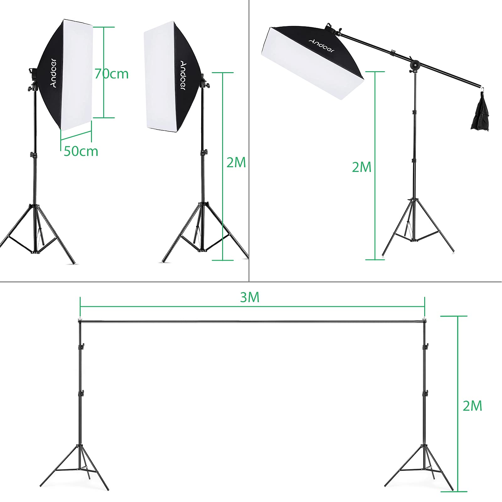 Photography Kit 1.8 * 2.7m Camara para Grabar Videos de Verde Blanco Negro 3pcs en Forma de Pez 1pc 60cm 5in1 Reflector de Fotografía 2pcs 33 Pulgadas Paraguas de Luz Blanca Suave fotografia