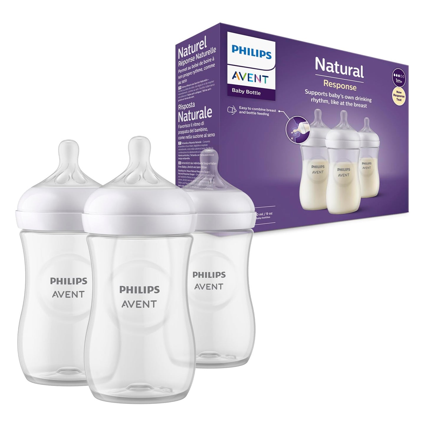 Biberón Philips Avent Natural Response Transparente con Válvula Anticólicos Flujo Medio para Bebés, Paquete de 3