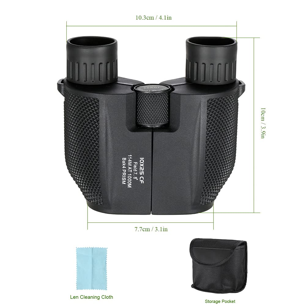 FUFENG Binoculares Plegables, Binoculares Prismáticos 10X25 con Alcance de Visión de hasta 1,000 Metros, Enfoque Manual para Senderismo, Campamento, Viajes, Caza, Conciertos (Negro)