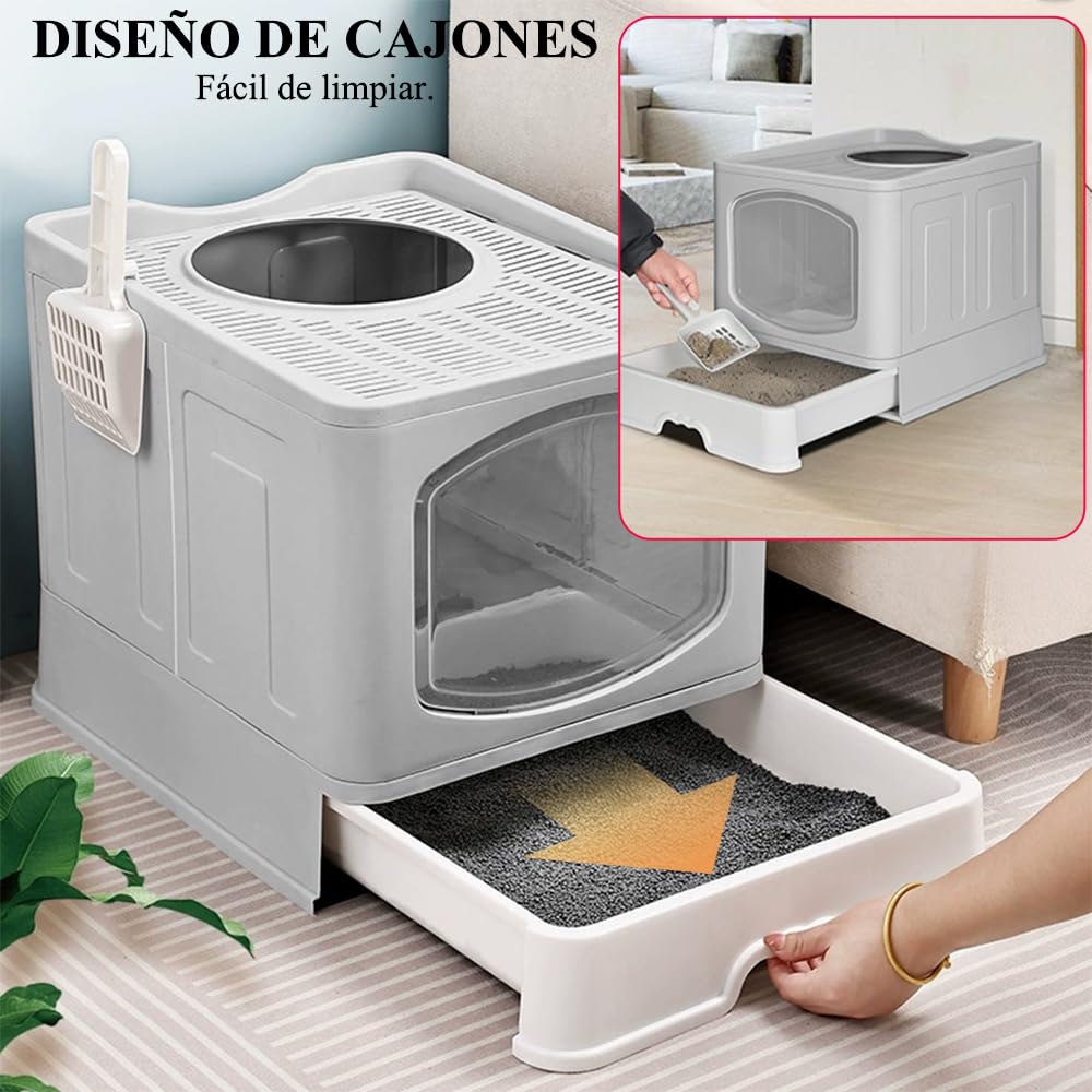 Jiula Caja de Arena para Gatos Plegable Cerrada, Caja de Arena con Cajón y Cuchara, Fácil de Limpiar, Adecuada para Viajar con Mascotas, Puerta Lateral Móvil Dos Direcciones, Gris, 41 * 51 * 44 CM