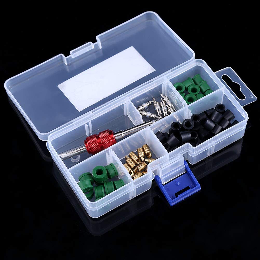 FTVOGUE 71pcs Herramienta de reparación del Kit de reparación de Aire Acondicionado 10pcs núcleos de válvula + 50pcs Juntas de Manguera + 10pc válvulas con Caja de Almacenamiento