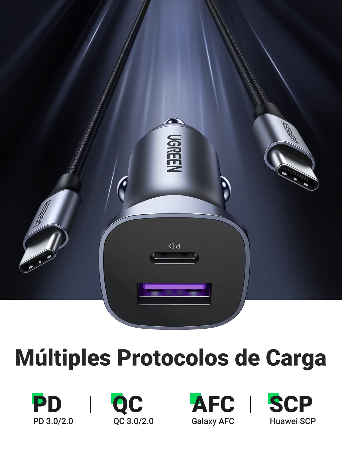 UGREEN 30W Cargador de Coche con Cable USB C a C 1M, 24W Adaptador de Vehículo Tipo C y A Compatible con iPhone 16/15/14/13/12 Pro MAX/SE, iPad Pro, Galaxy S25/S24/S23/S22/S21/S20 Ultra/Note