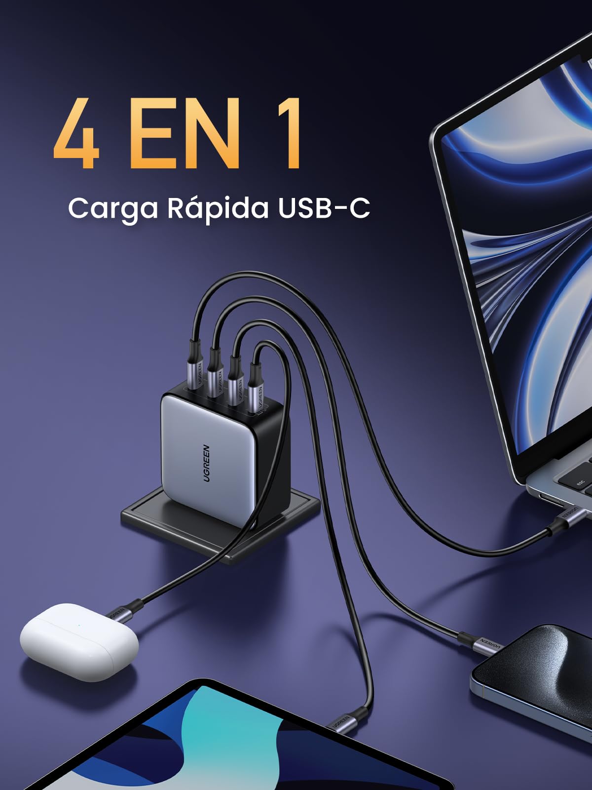 Original Cargador USB C UGREEN Nexode Negro 100W Carga Rápida con 4 Puertos