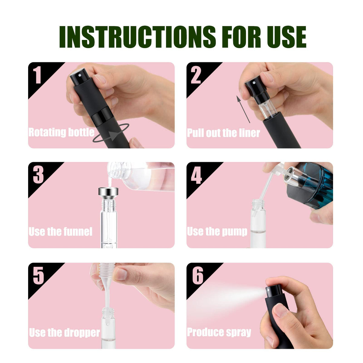 IRON BILL 4 botellas atomizadoras de perfume portátiles de 8 ml, botellas vacías recargables con 3 tipos de herramientas de recambio, botellas de muestra de perfume de viaje de bolsillo (negro mate)