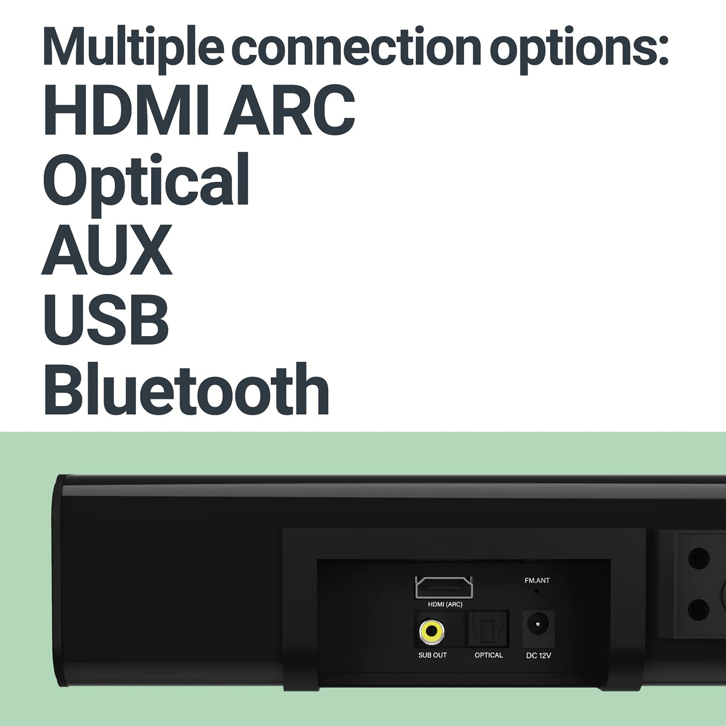 Majority K2 - Barra de sonido con subwoofer | 150 W potente barra de sonido estéreo de 2.1 canales para TV | Sonido envolvente 3D de cine en casa I HDMI ARC, Bluetooth, conexión óptica y RCA I USB y