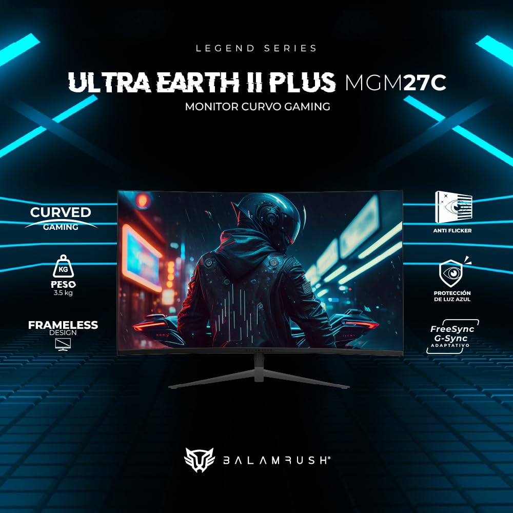 Balam Rush Monitor Gamer Curvo 27" VA/Ultra Earth II MGM27C / FHD R1800 / 180Hz / 1ms / F-Sync/G-Sync/Flicker-Free / 1xHDMI 1.4 + 1xDP 1.2 + 1xTipo C Display + 3.5 mm/VESA 100mm / Legend PEM Negro