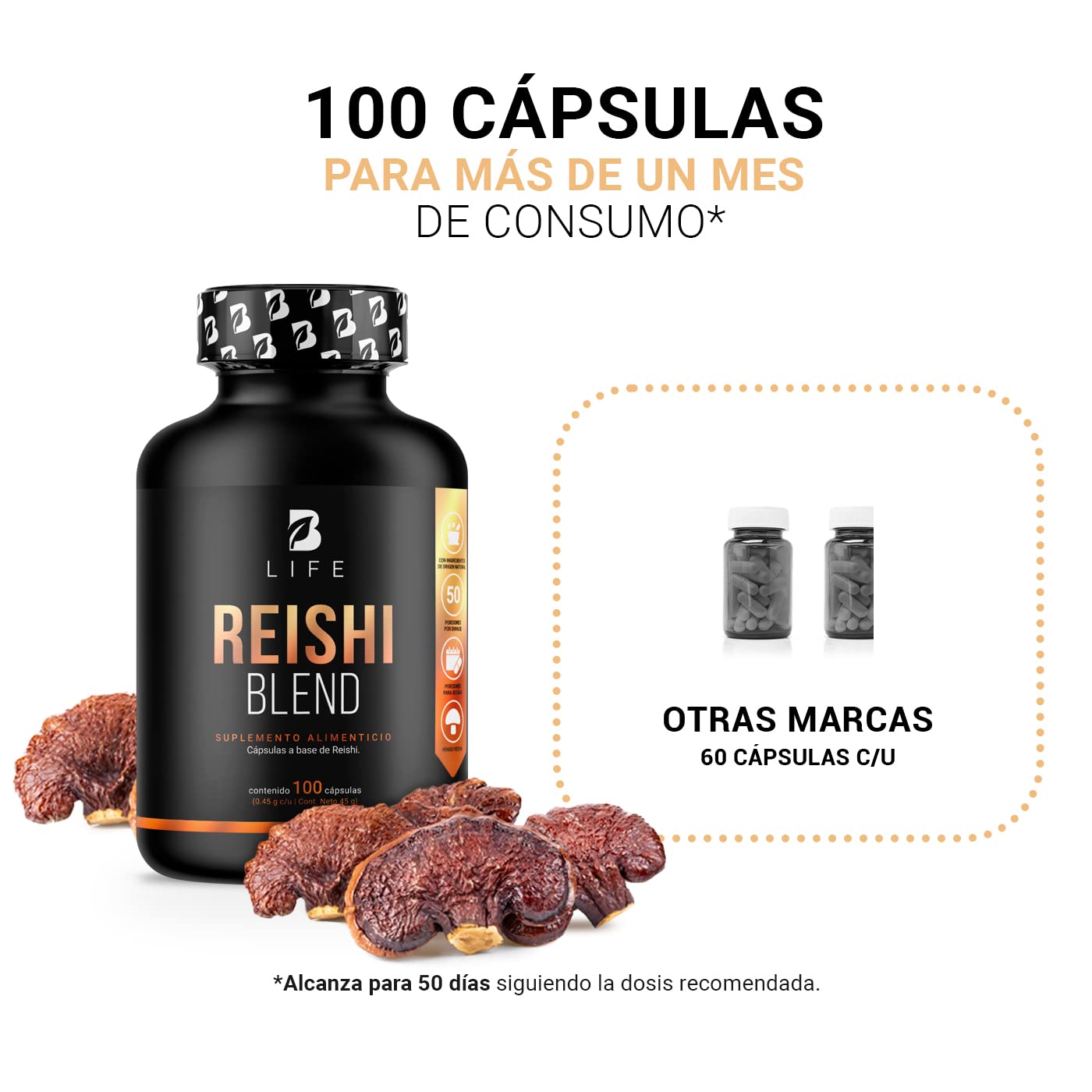 Hongo Reishi (Ganoderma) |Adaptogeno de 100 Cápsulas. Ingredientes naturales. Reishi Blend B Life.