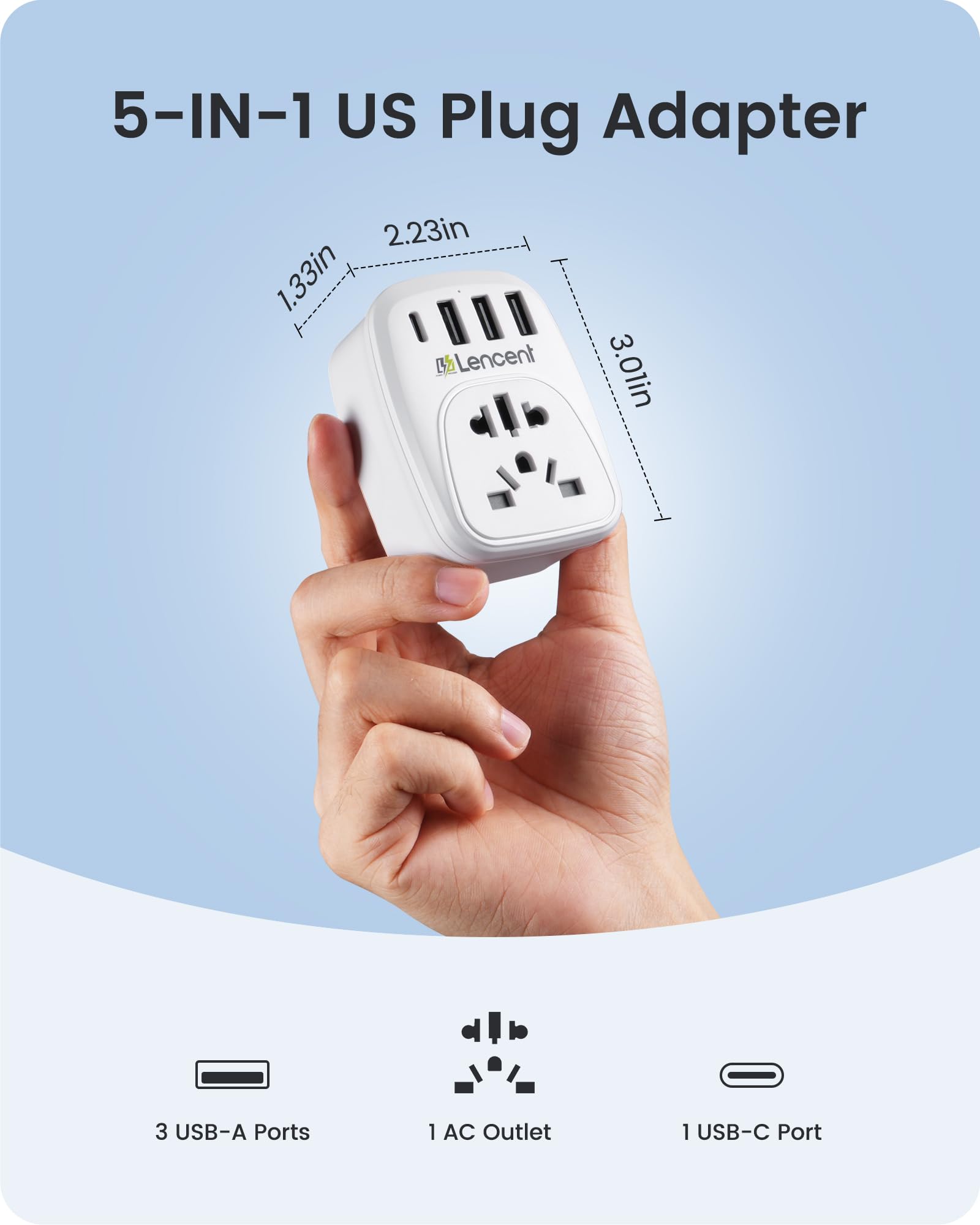 LENCENT Adaptador de Enchufe Mundial a Americano, Convertidor de Enchufe Internacional para Europa/Reino Unido/Australia/Suiza/Brasil a EE. UU./México, 3 Puertos USB-A y 1 Tipo-C, Perfecto para Viajar