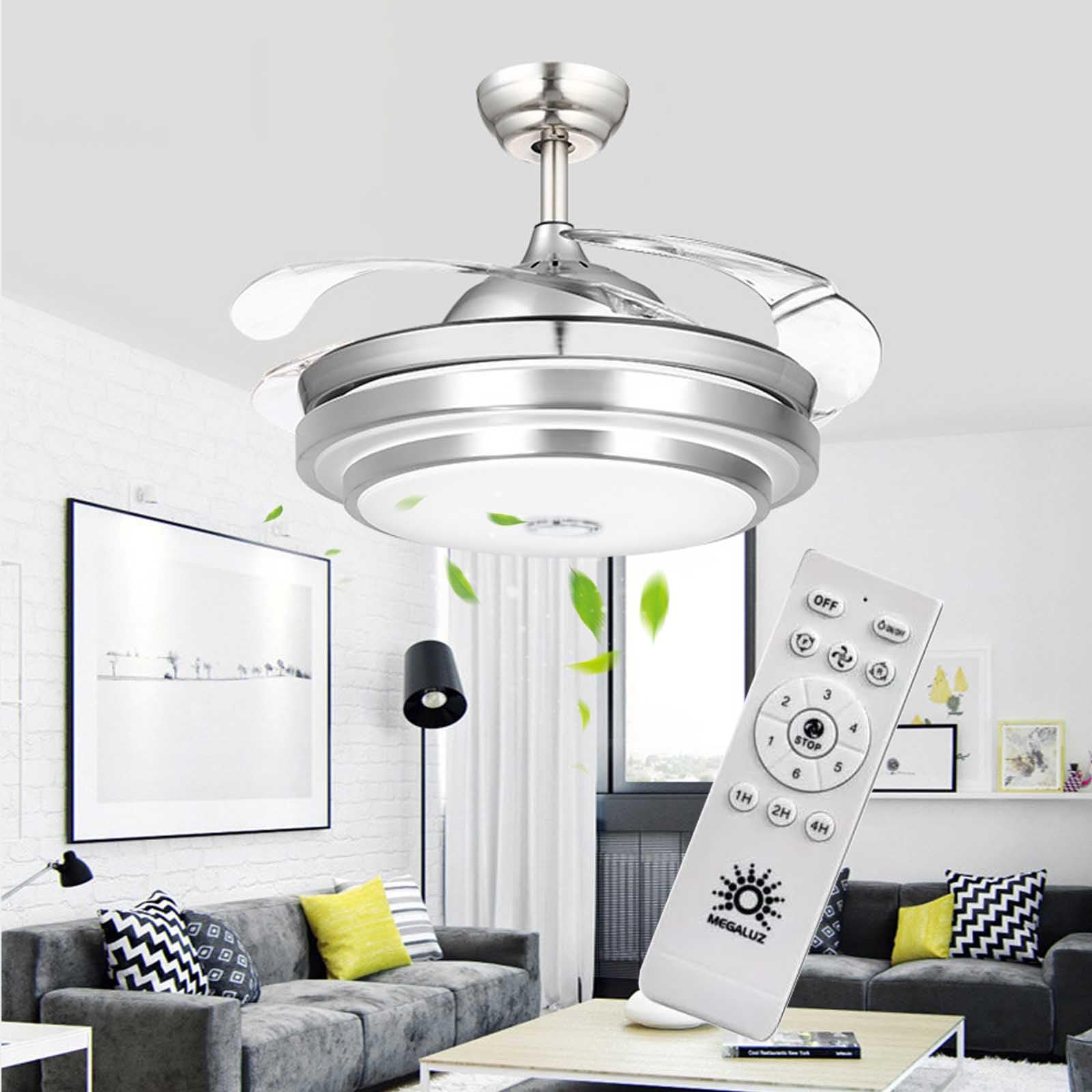 Ventilador de Techo con Luz LED y Control Remoto de 42 Pulgadas con Hoja Invisible Luz Fría Cálida y Neutral Silencioso 3 Velocidades