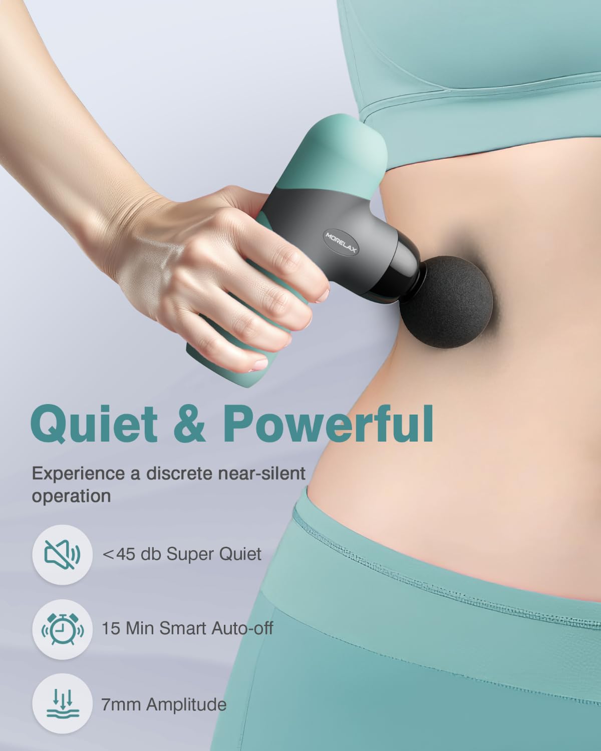 Morelax Mini Pistola de Masaje Portátil de Percusión Muscular de Tejido Profundo, Masajeador Deportivo Eléctrico de Mano Con 6 Cabezales de Masaje Y 4 Velocidades, El Mejor Regalo (Menta)
