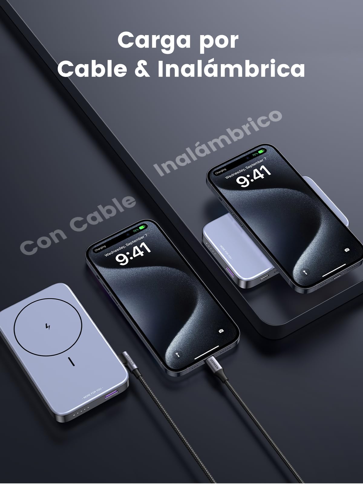 Power Bank UGREEN Negro 10000mAh con Soporte Plegable y Carga Rápida para iPhone y Galaxy