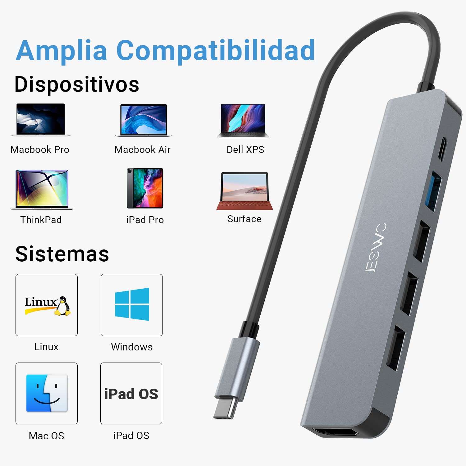 JESWO USB C HUB, 6 en 1 Adaptador Multipuerto USB C a HDMI 4K, USB 3.0, 3*USB 2.0, USB C 100W PD Carga, OTG Tipo C Compatible con MacBook, MacBook Pro, Macbook Air, DELL, Surface etc.