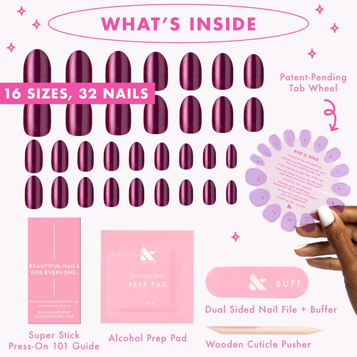 Olive & June Uñas postizas Effects Super Stick Mani | Medianas, ovaladas | No necesitan pegamento | 32 pestañas en 16 tamaños | Pestañas no tóxicas | Fáciles de poner y quitar, no dañan | Real